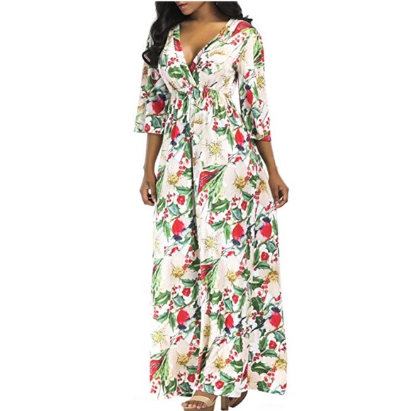 Plus Size Bohemian Floral Print V Neck Maxi Dress - Picture 2 of 5